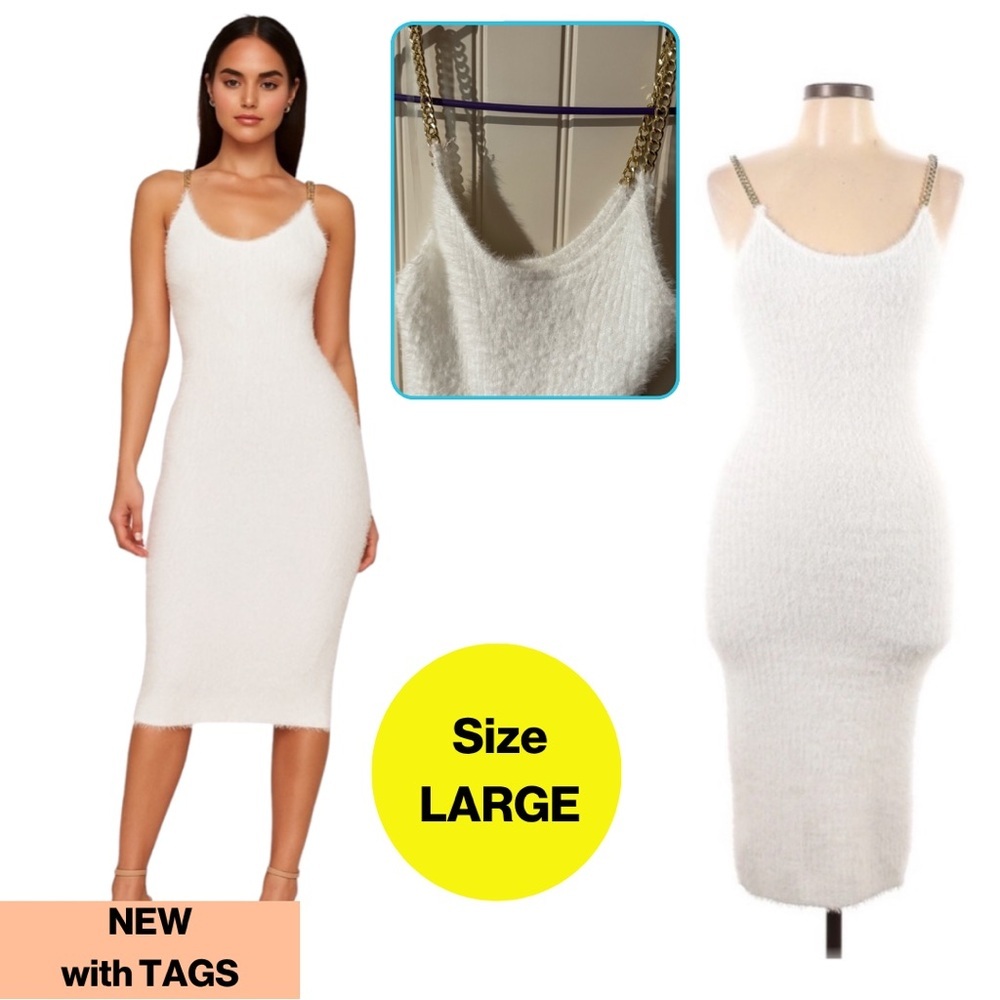🪩 MADRAG Bodycon Midi Dress, Gold Chain Straps (Large) 🏷️ NEW w TAGS